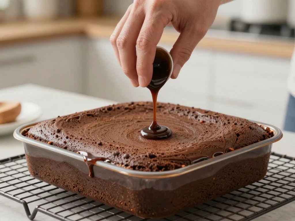 Freshly baked chocolate pudding cake showing the saucy underside