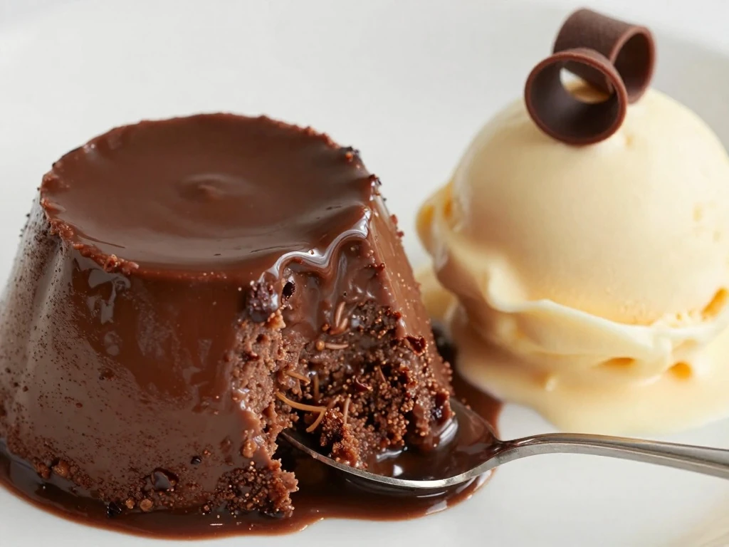 Close-up serving of chocolate pudding cake with fudge sauce and chocolate curls