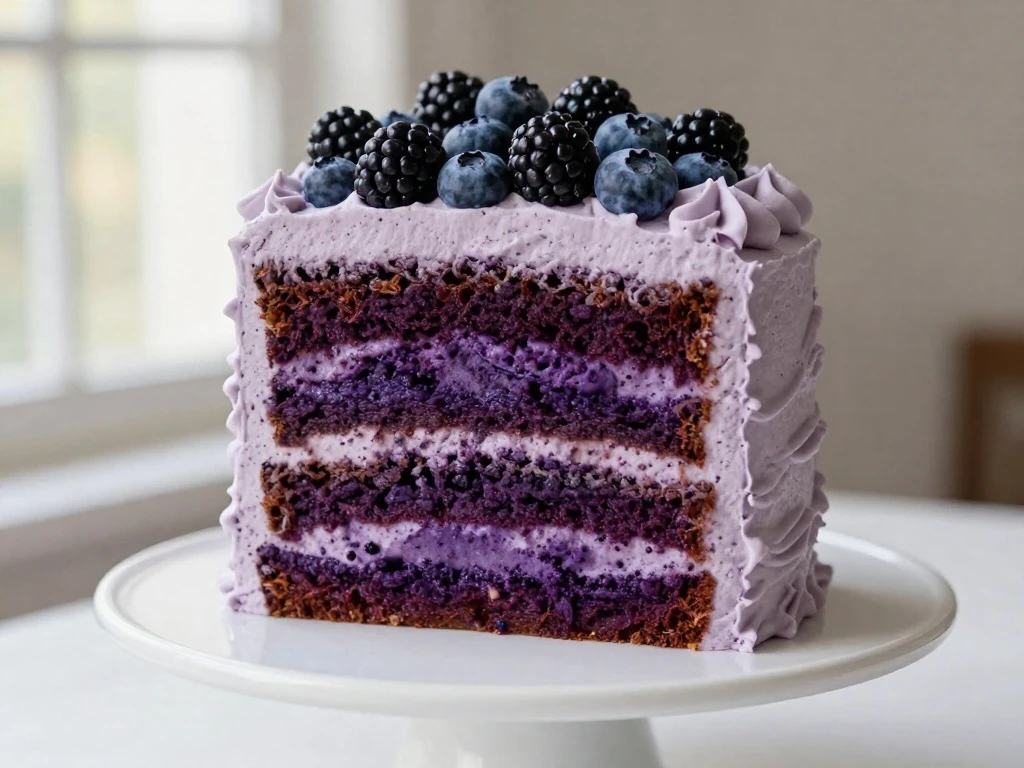 Slice of purple velvet cake showing blackberry-colored layers and cream cheese frosting