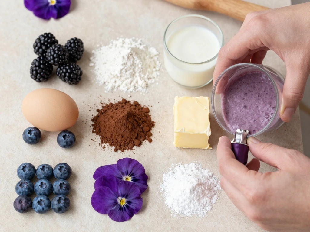 Ingredients for purple velvet cake with blackberries and cream cheese frosting