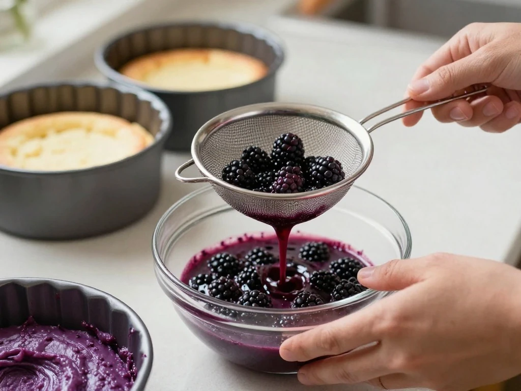 Straining blackberry puree for purple velvet cake batter