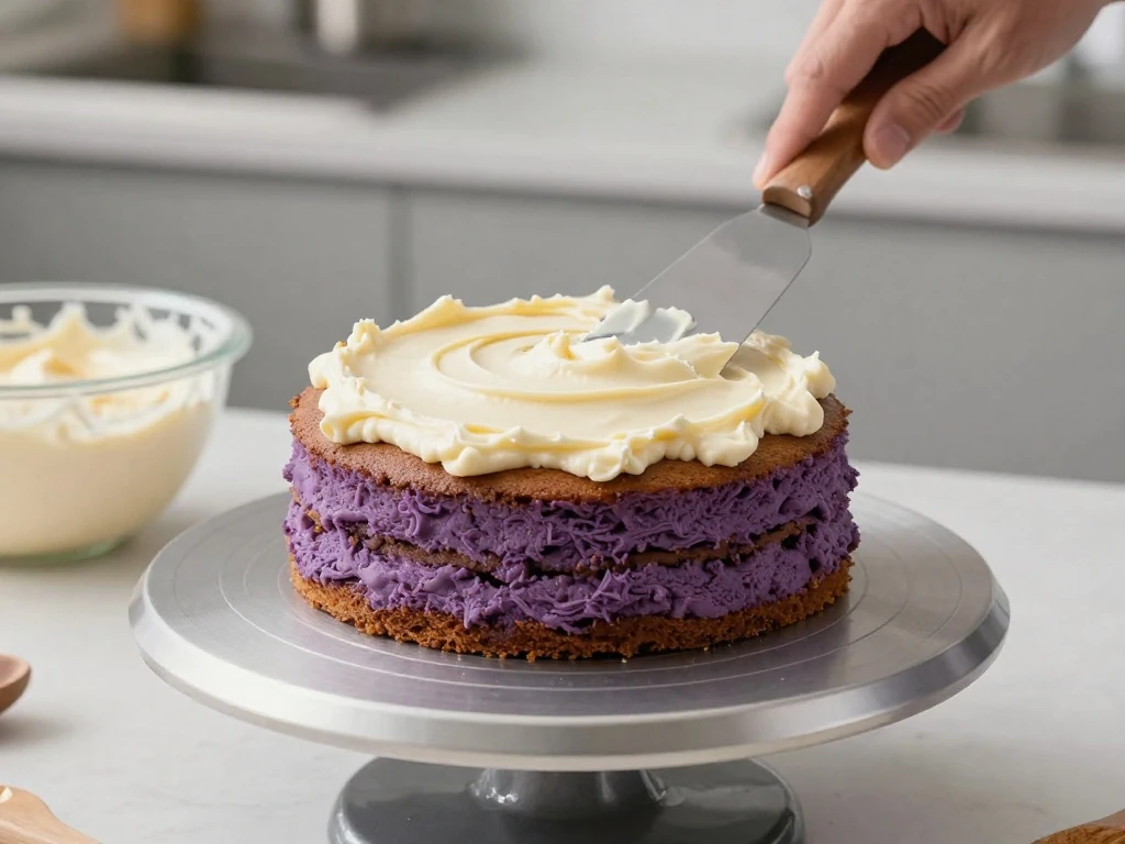 Stacking purple velvet cake layers with cream cheese frosting