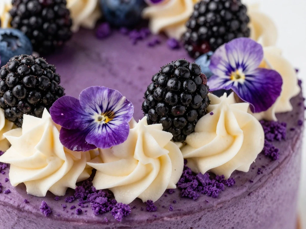 Berry and violet flower decoration on purple velvet cake