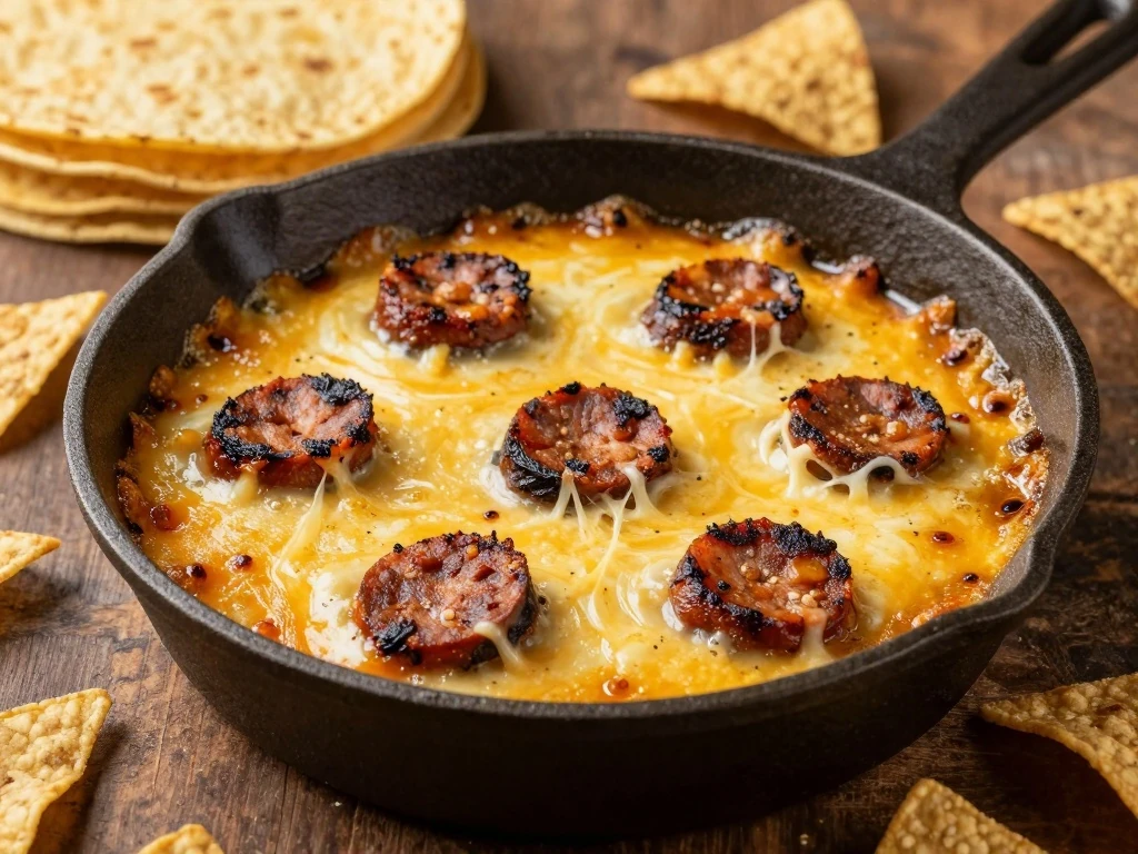 Bubbling queso fundido with chorizo served with corn tortillas and tortilla chips