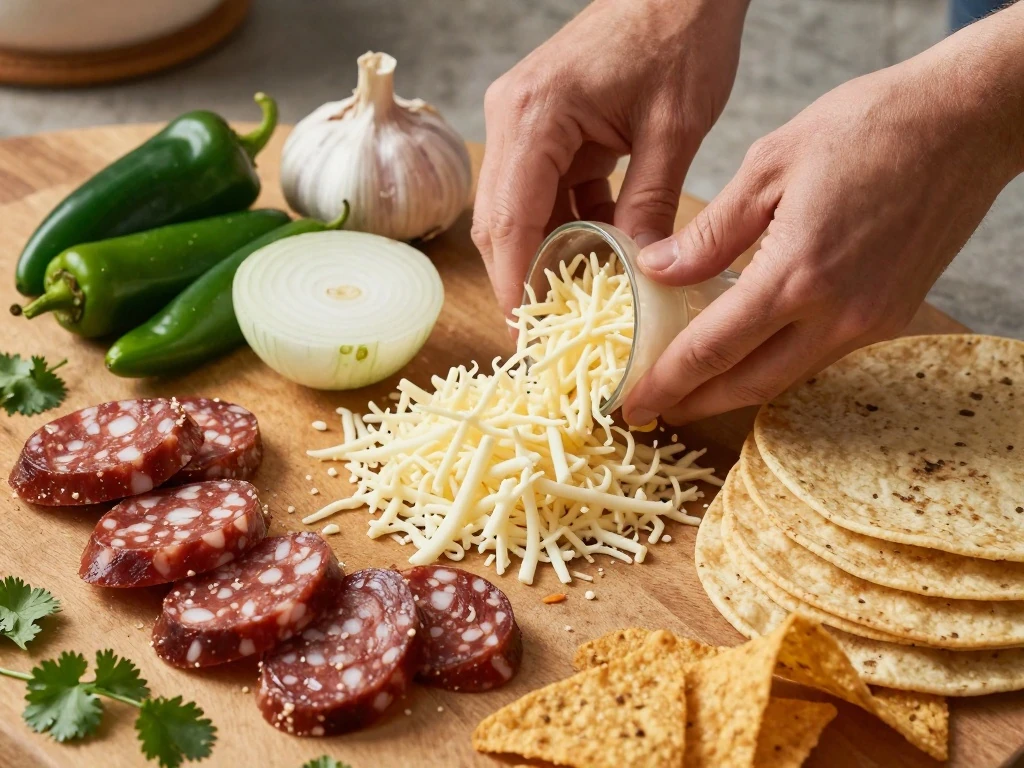 Ingredients for queso fundido with chorizo arranged for cooking