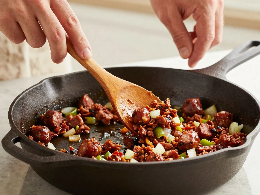 Chorizo, onion, and poblano cooking in a cast-iron skillet