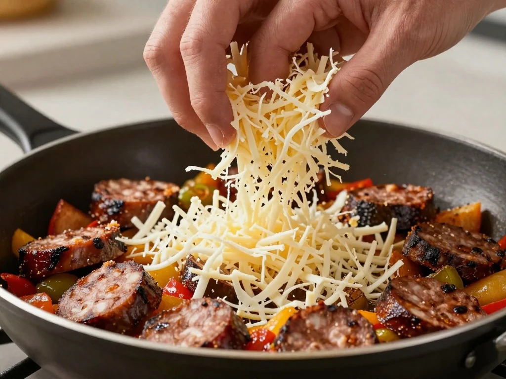 Freshly grated cheese being added to chorizo mixture for queso fundido
