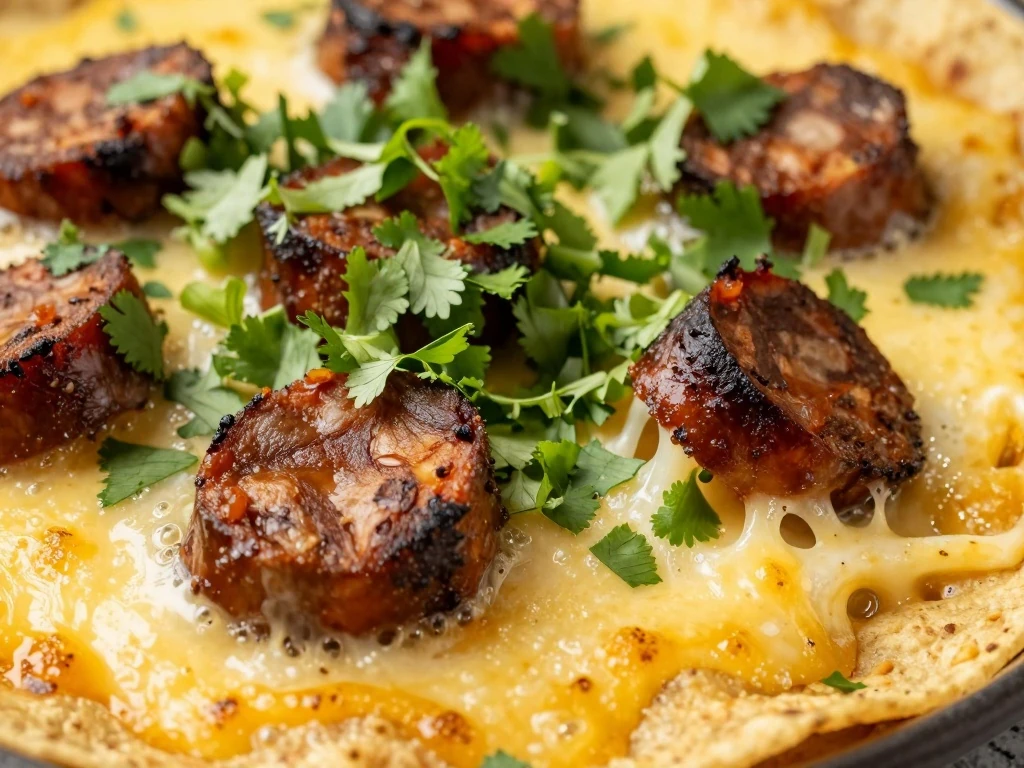Cilantro-garnished queso fundido with chorizo ready to serve