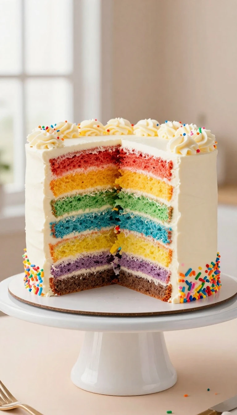 Six-layer vanilla rainbow cake with vanilla buttercream