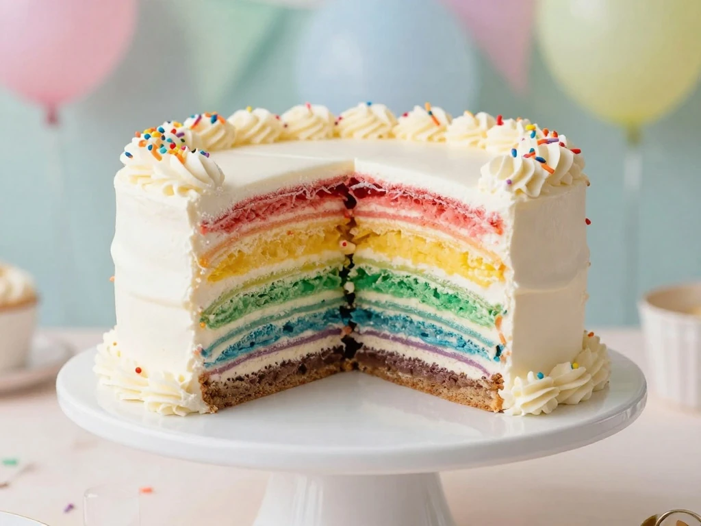 A colorful slice of easy rainbow cake with six bright vanilla layers
