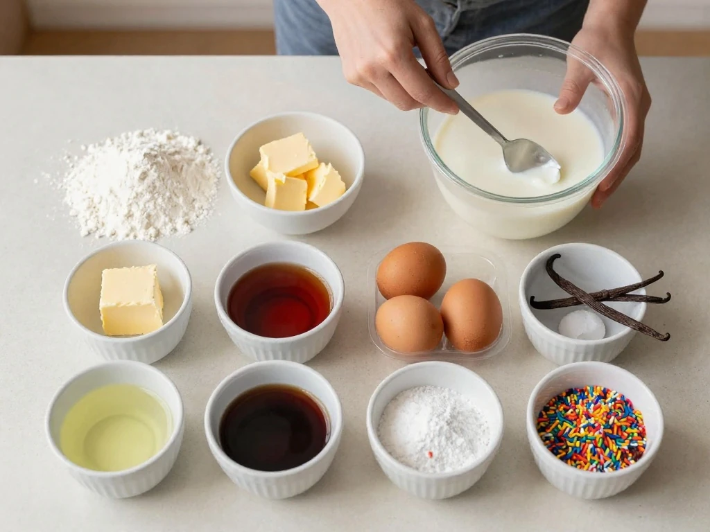 Ingredients for an easy homemade rainbow cake