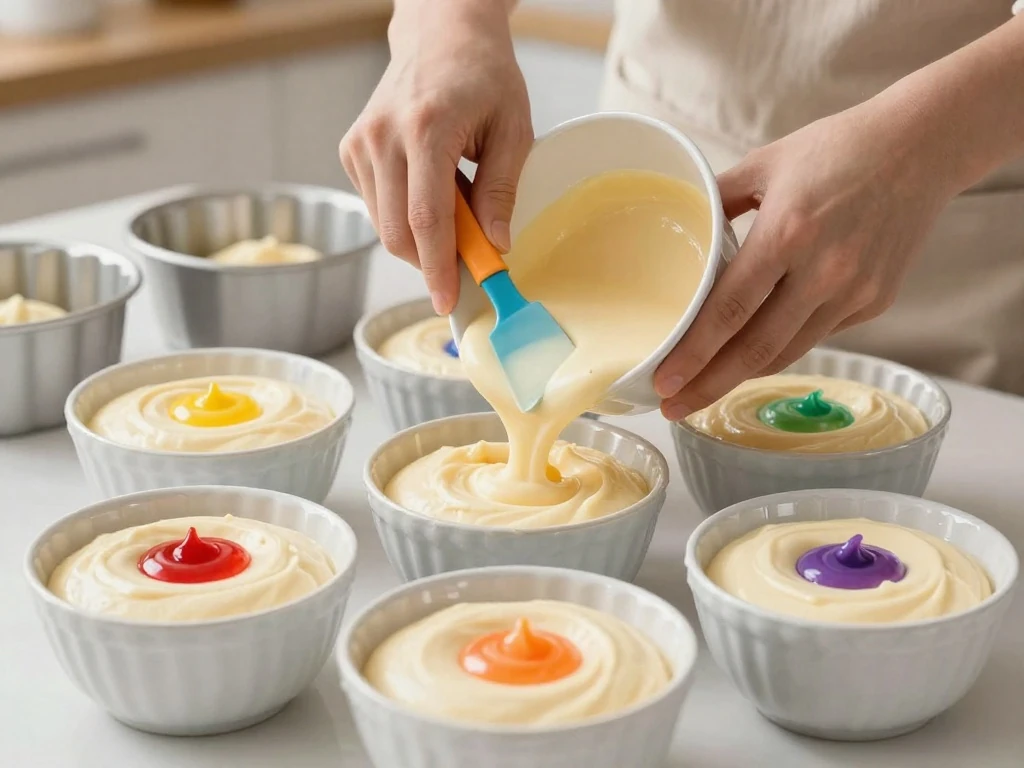 Cake batter being divided and tinted for rainbow cake layers