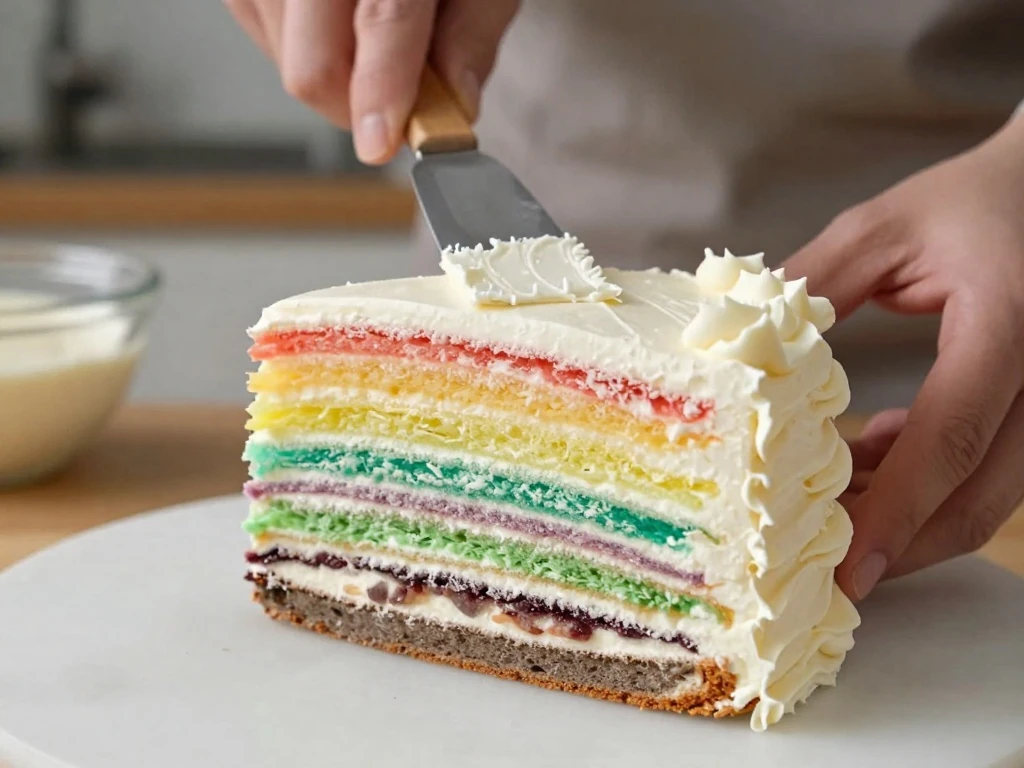 Rainbow cake layers being stacked with vanilla buttercream