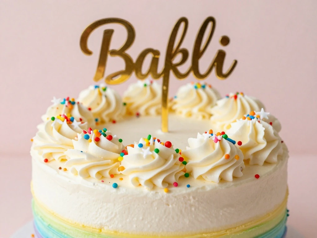 Rainbow sprinkles and festive decorations on a homemade rainbow cake
