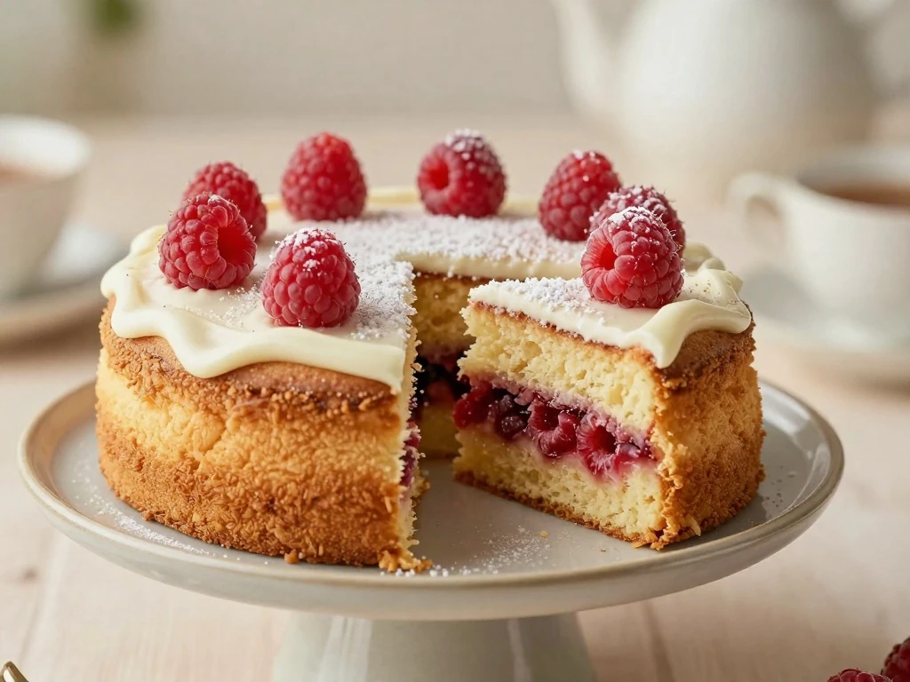 Single-layer raspberry cake with a tender berry-filled crumb
