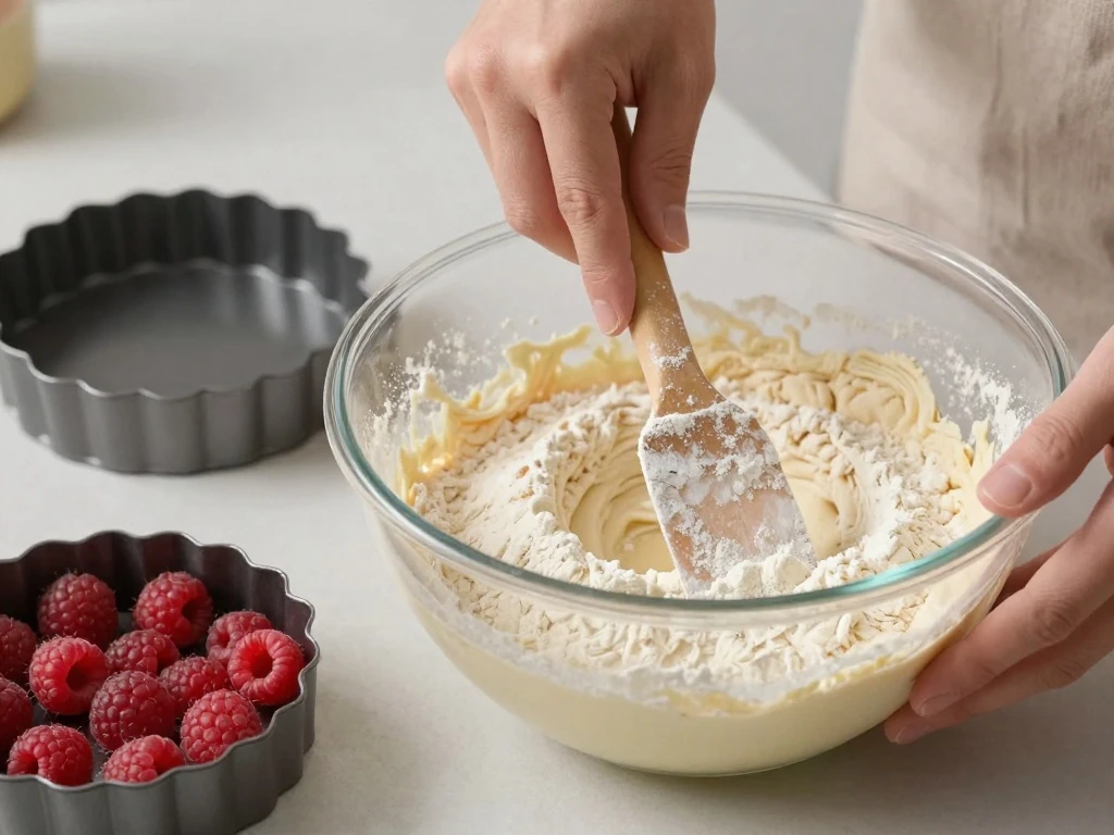 Folding raspberry cake batter before adding the berries