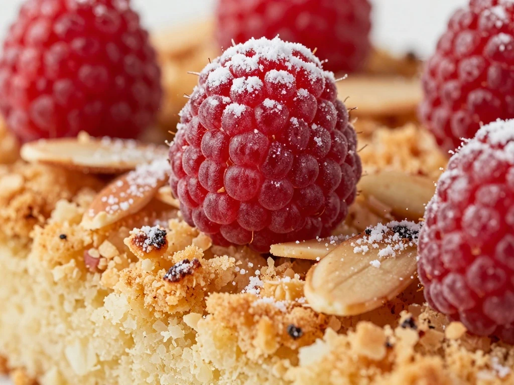 Close-up of raspberry cake crumb with almonds and icing sugar