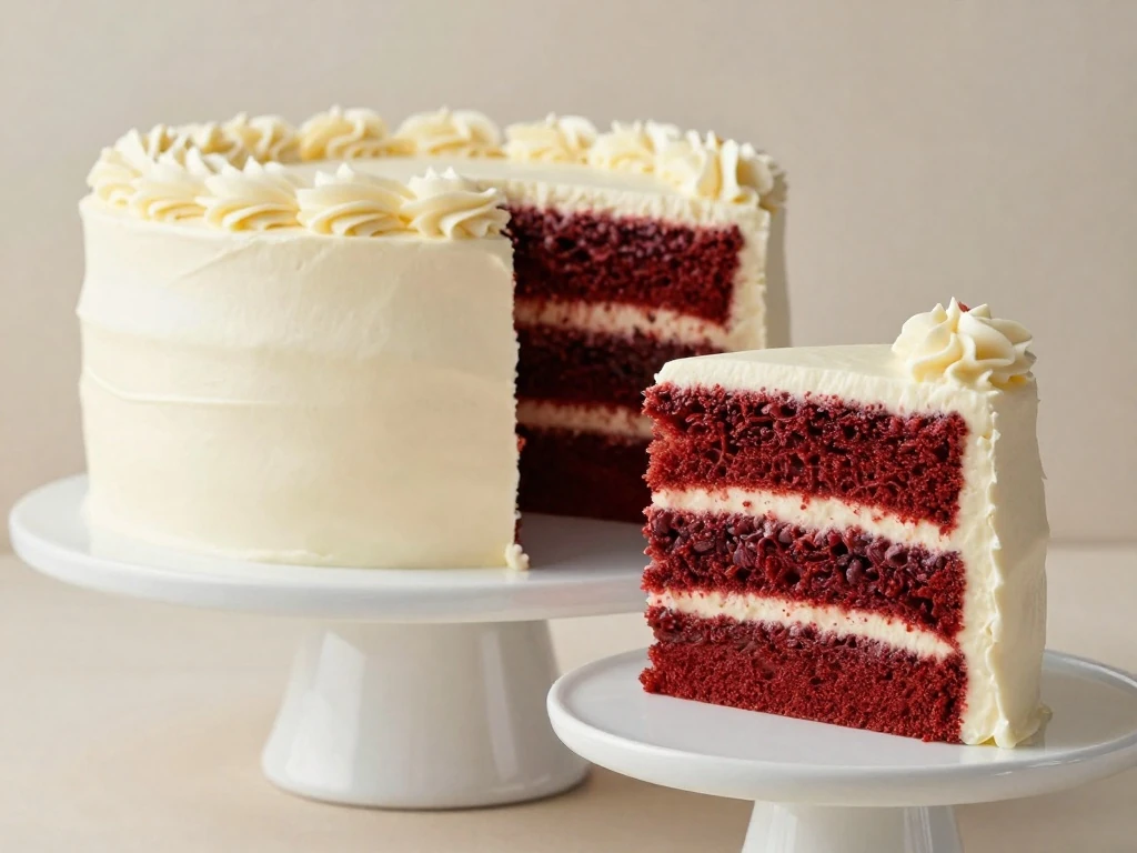 Three-layer red velvet cake with cream cheese frosting and a slice showing the tender red crumb