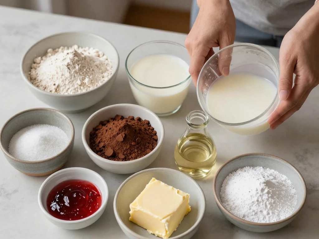 Ingredients arranged for homemade red velvet cake and cream cheese frosting