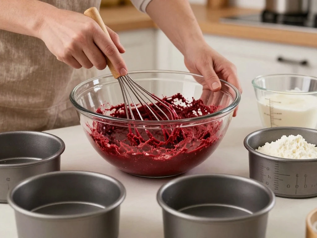 Red velvet cake batter being mixed before baking