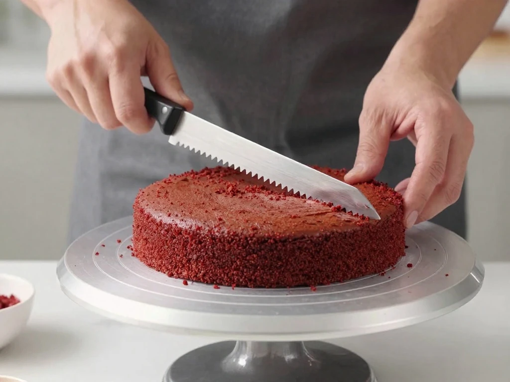 Leveling a cooled red velvet cake layer for stacking