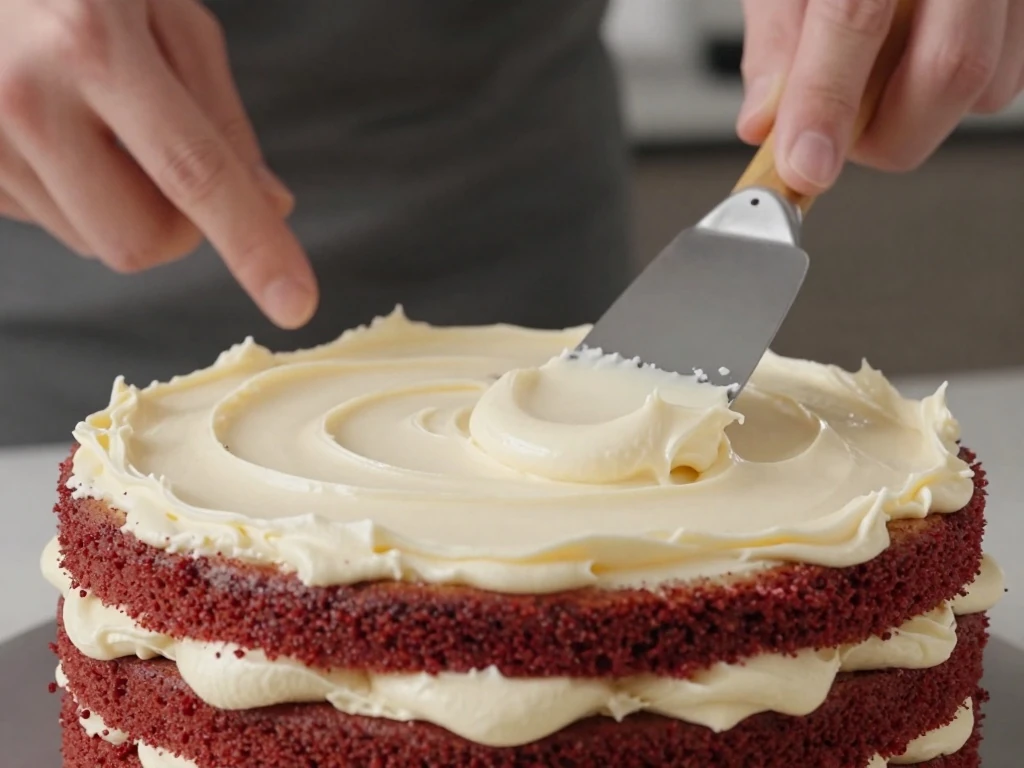 Cream cheese frosting spread between red velvet cake layers