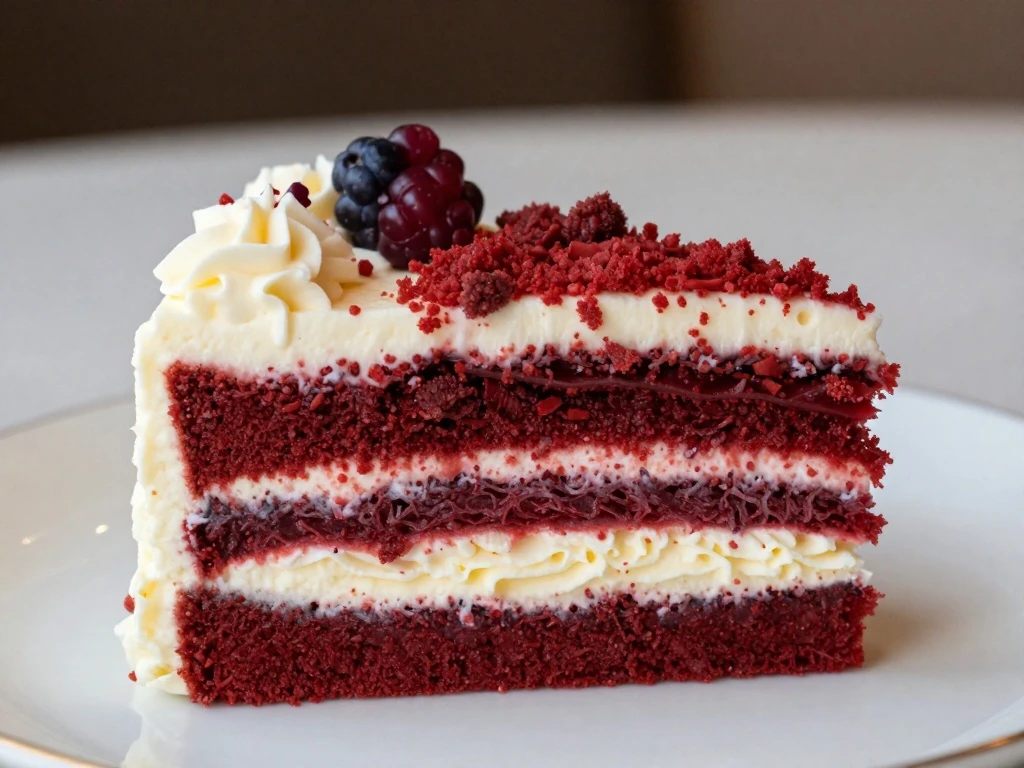 Served red velvet cake slice with cream cheese frosting and red velvet crumbs