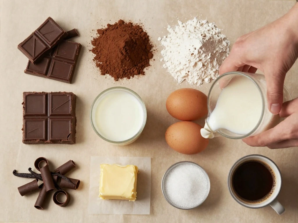 Ingredients for a rich Swiss chocolate cake and chocolate ganache