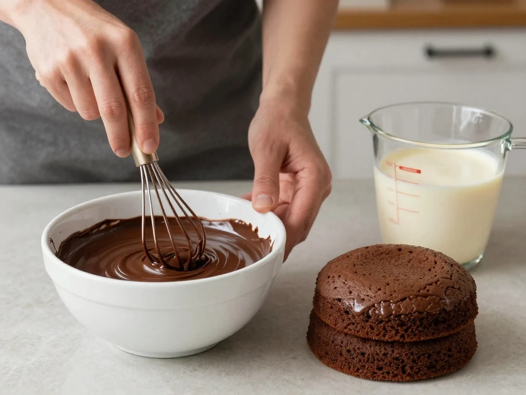 Preparing smooth Swiss chocolate ganache for the cake