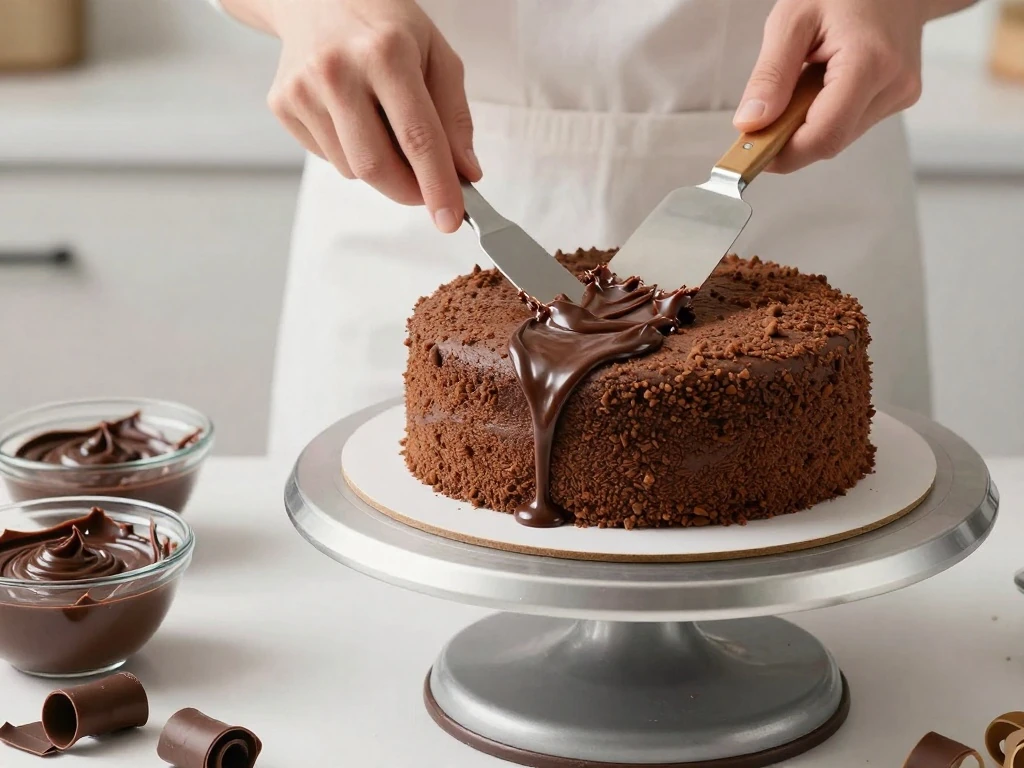 Spreading ganache smoothly over a chocolate cake