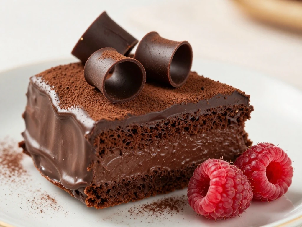 Chocolate cake slice with ganache, chocolate curls, and raspberries