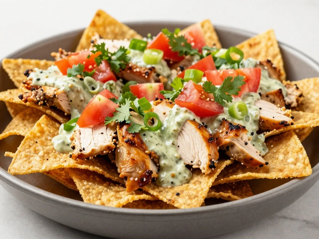 Roasted chicken nachos with creamy green chili-cheese sauce and fresh toppings