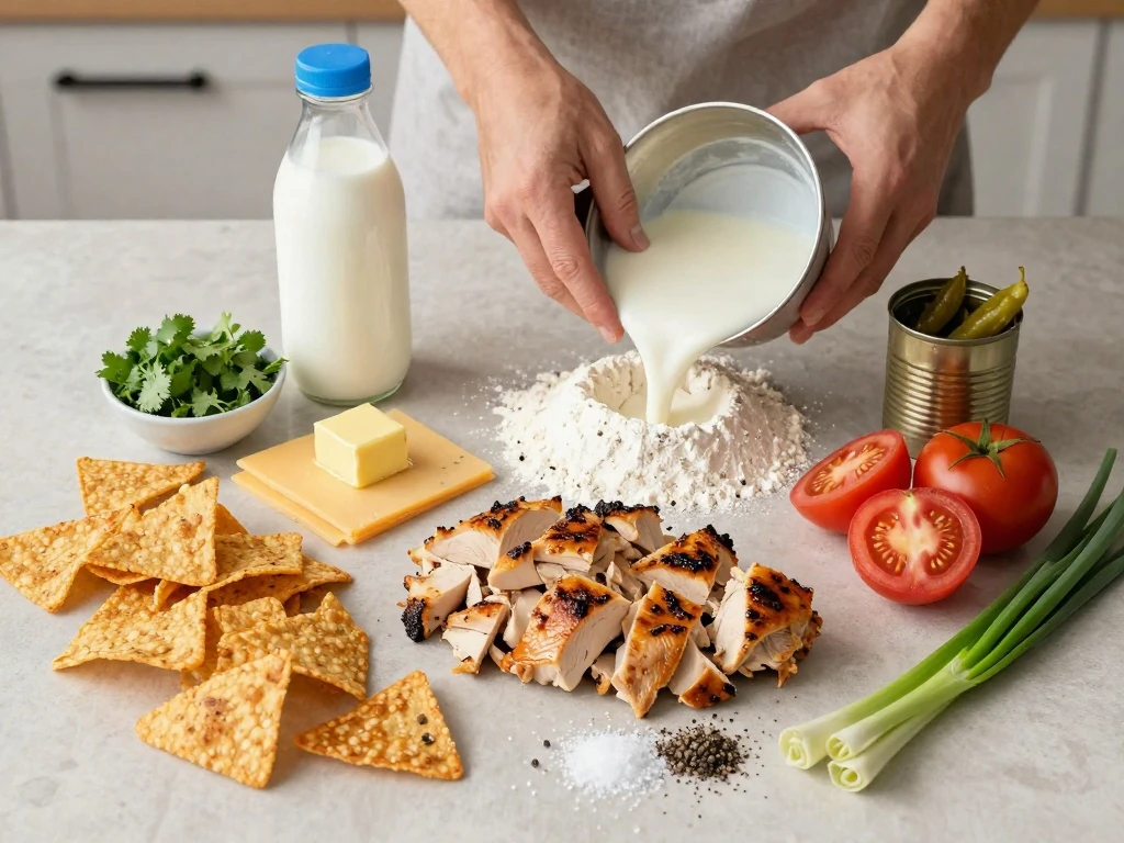 Ingredients for roasted chicken nachos with green chili-cheese sauce