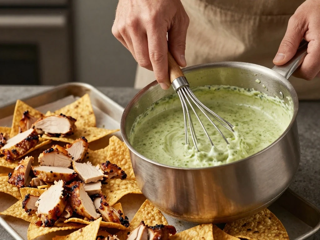 Making green chili-cheese sauce for roasted chicken nachos
