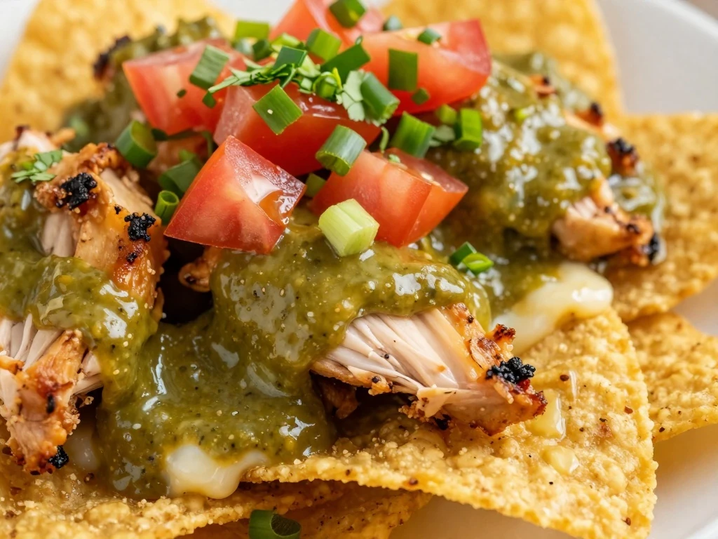 Crisp chicken nachos topped with green chili-cheese sauce and fresh herbs