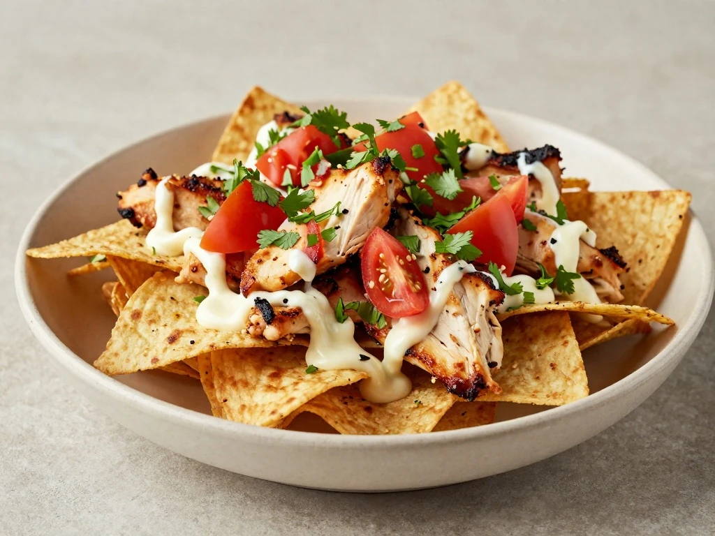 Freshly served roasted chicken nachos for an easy meal or appetizer