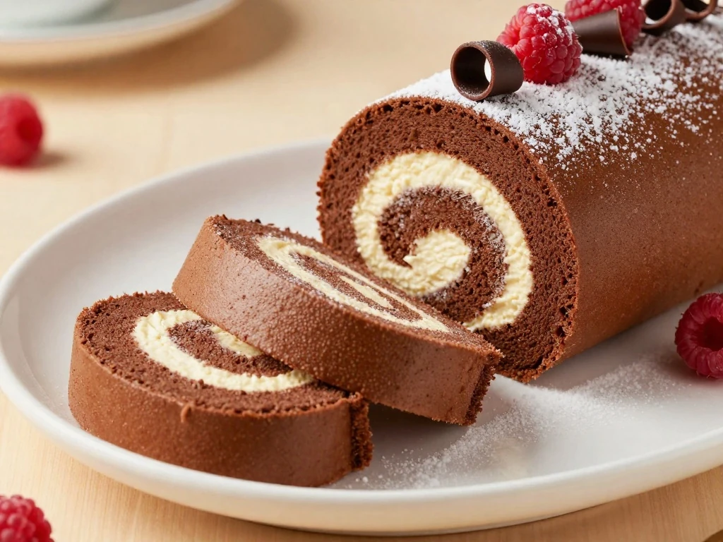 Sliced easy chocolate roll cake with vanilla cream filling