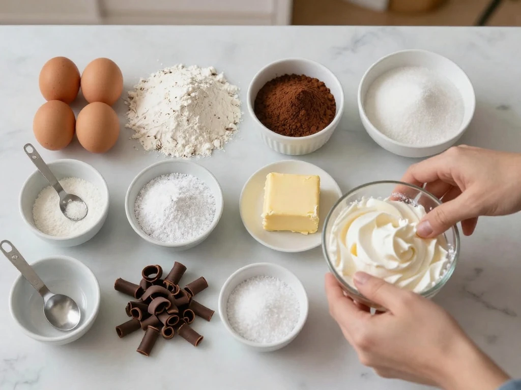 Ingredients for an easy chocolate roll cake recipe