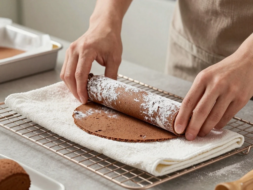 Rolling warm chocolate sponge cake in a sugared towel