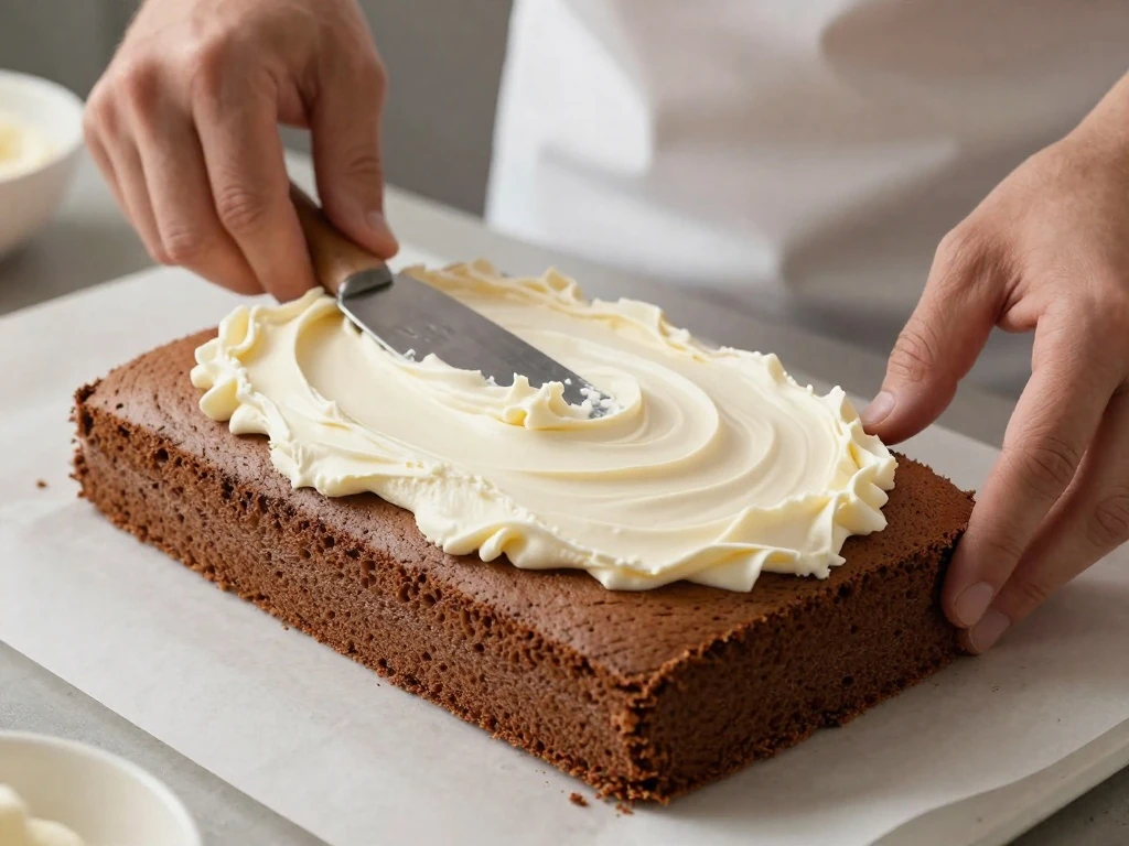 Spreading whipped cream over chocolate cake before rolling