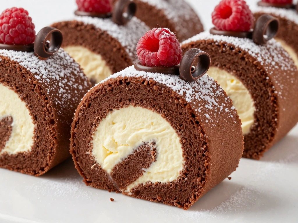 Chocolate roll cake slices with chocolate curls and berries