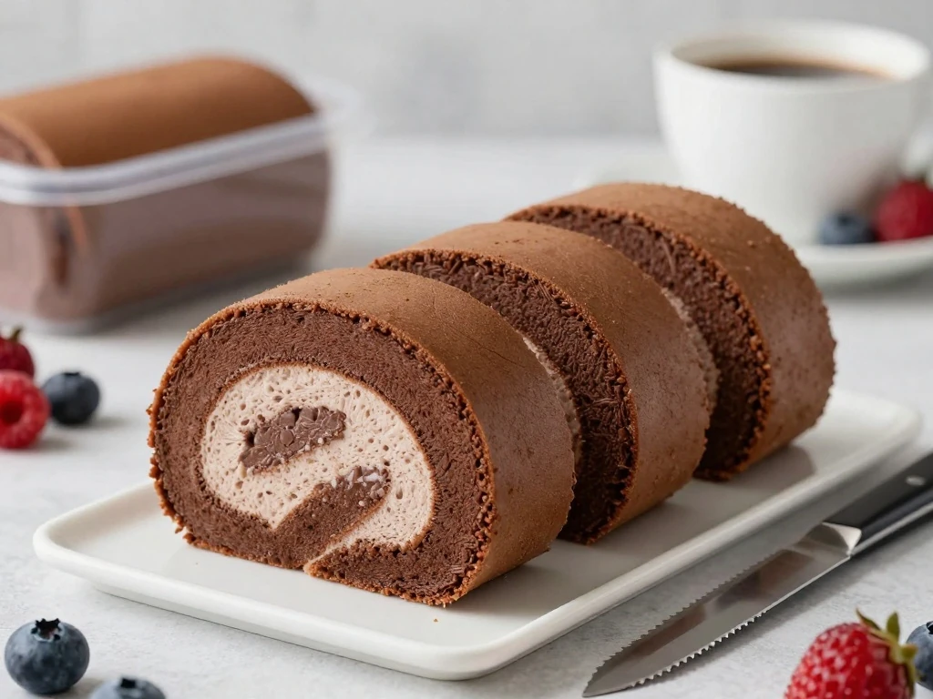 Chocolate roll cake ready for slicing and serving