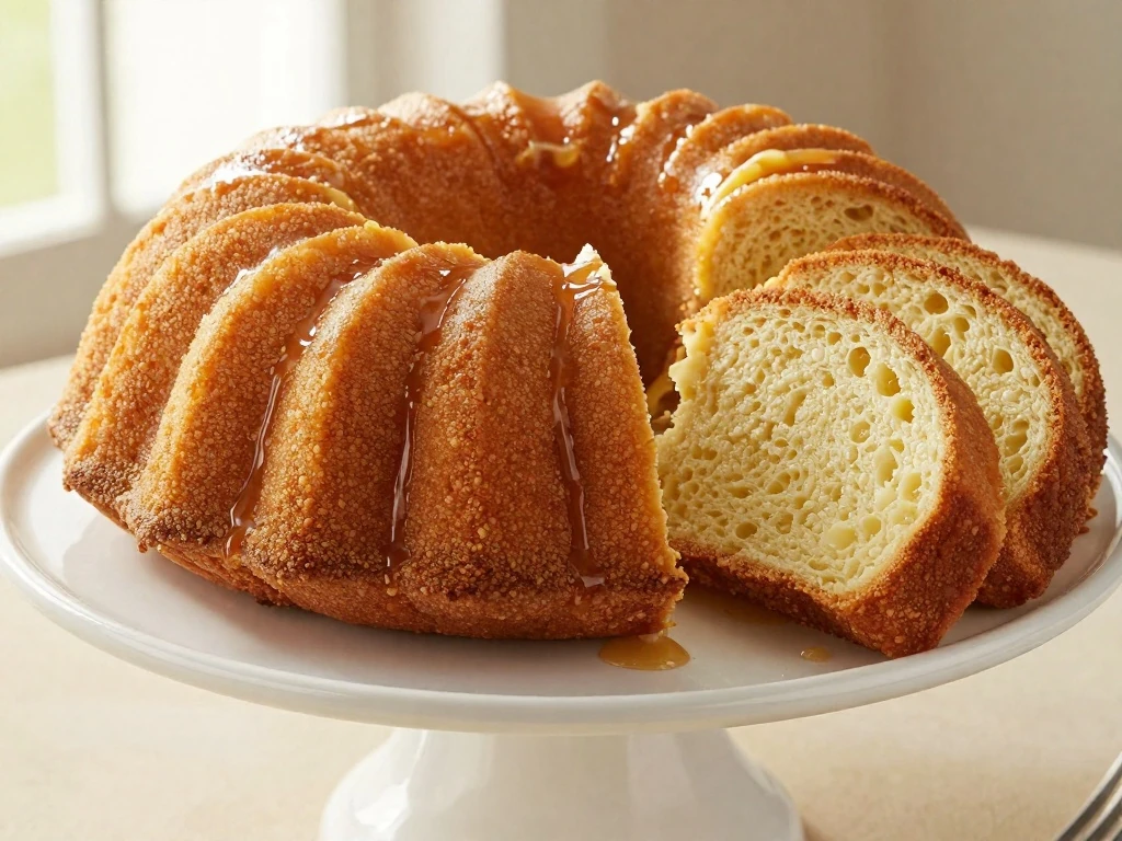 Golden homemade rum cake with buttery rum syrup on a cake stand