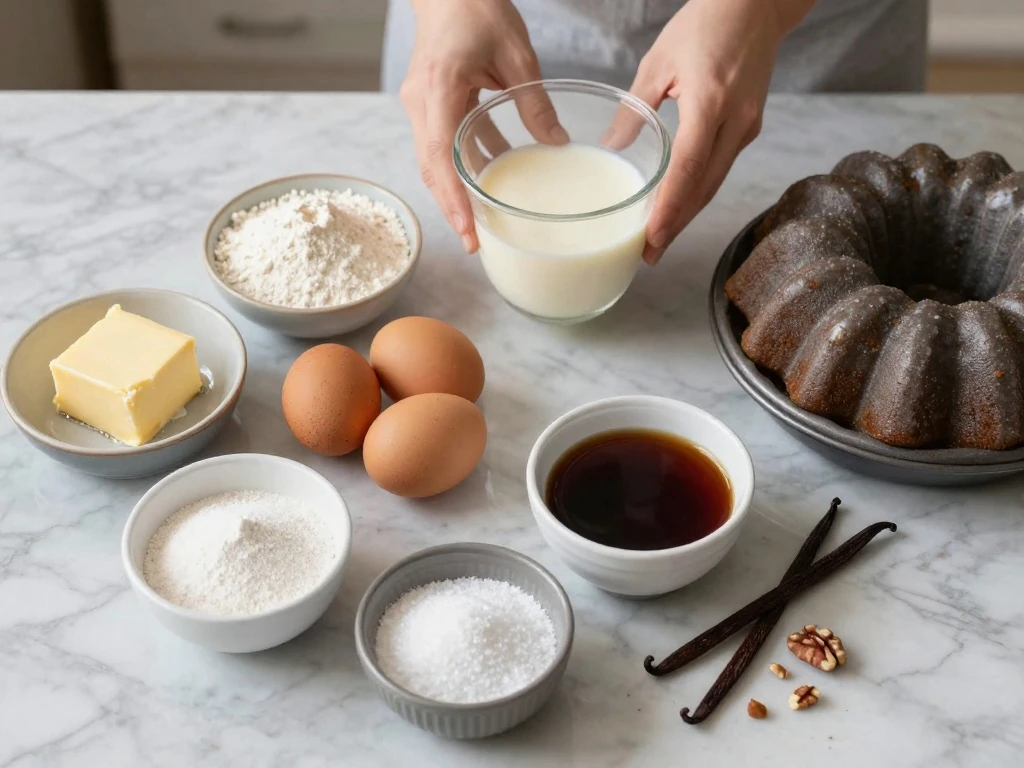Ingredients for a from-scratch rum cake recipe