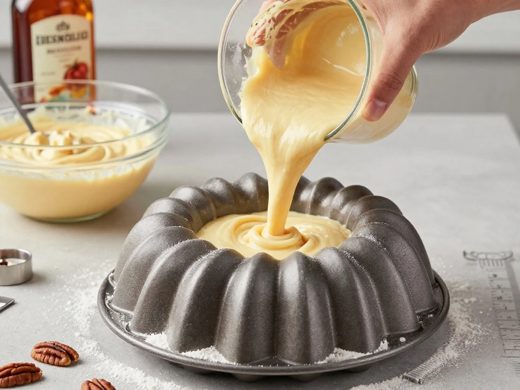 Rum cake batter being poured into a prepared Bundt pan