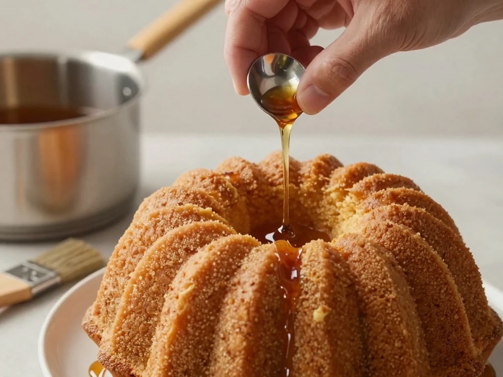 Buttery rum syrup soaking into a warm Bundt cake