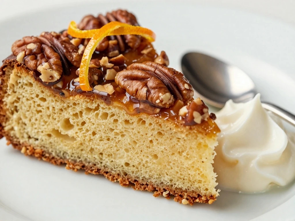 Moist rum cake slice with pecans and citrus garnish
