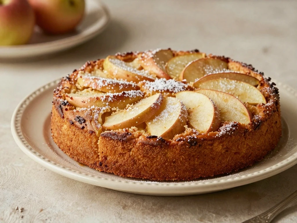 Whole rustic French apple cake with visible baked apple slices and confectioners’ sugar