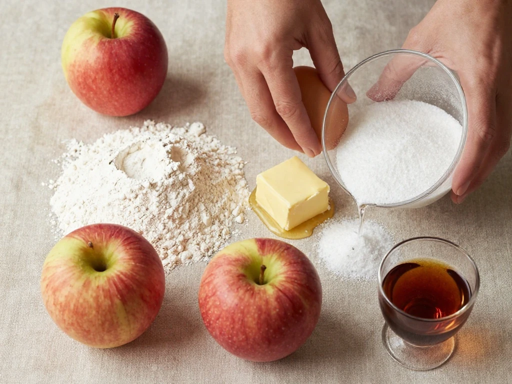 Ingredients for rustic French apple cake arranged on a kitchen table