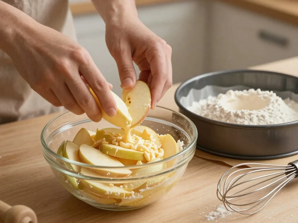 Apple slices folded into a small amount of cake batter before baking